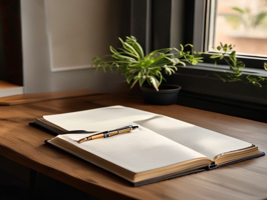 Minimalist workspace with open notebook, pen, and small desk plant creating a calm professional environment
