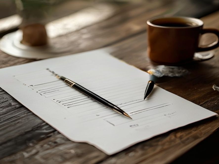 Hand-written wellness tracking chart on a wooden desk with pen and coffee